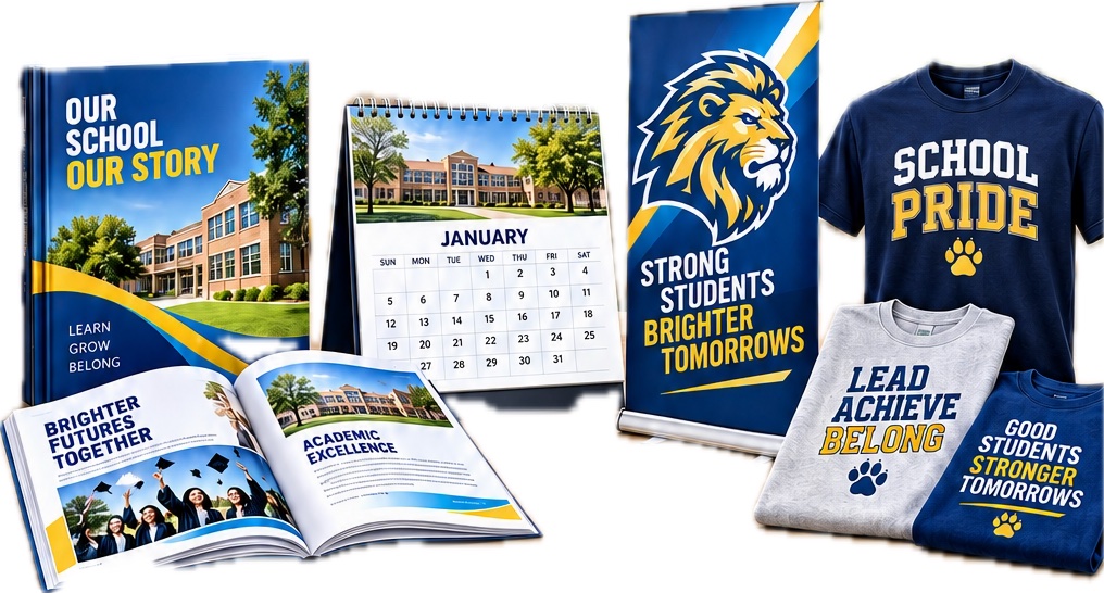 School yearbook, calendar, mascot banner and spirit-wear tees